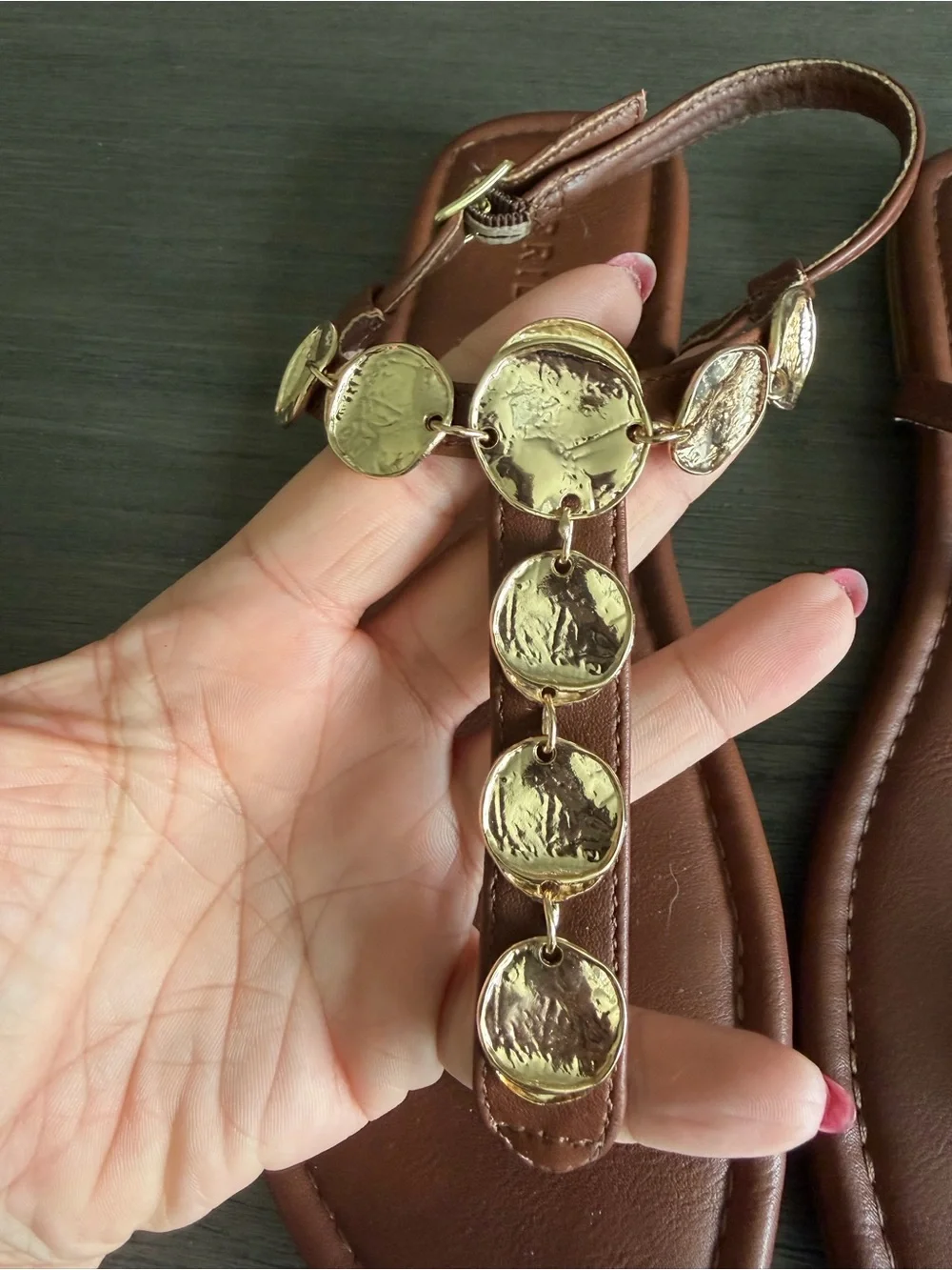 torrid Brown Leather T-Strap Sandals with Gold Coin Accents